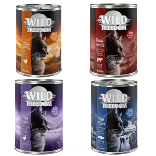 24 x 400 g Wild Freedom -kissanruokaa erikoishintaan! - lajitelma II (kana, lohi, nauta, ankka)