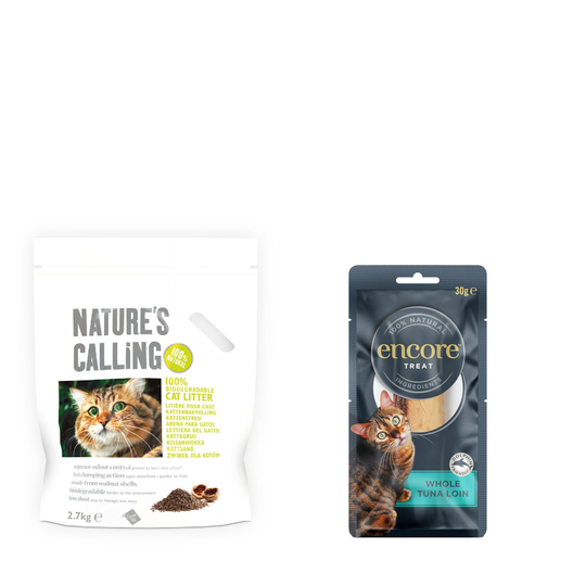 Nature's Calling -kissanhiekka + Encore Cat -kissanherkut kaupan päälle! - 2,7 kg kissanhiekkaa + 30 g Encore-tonnikalaherkkuja