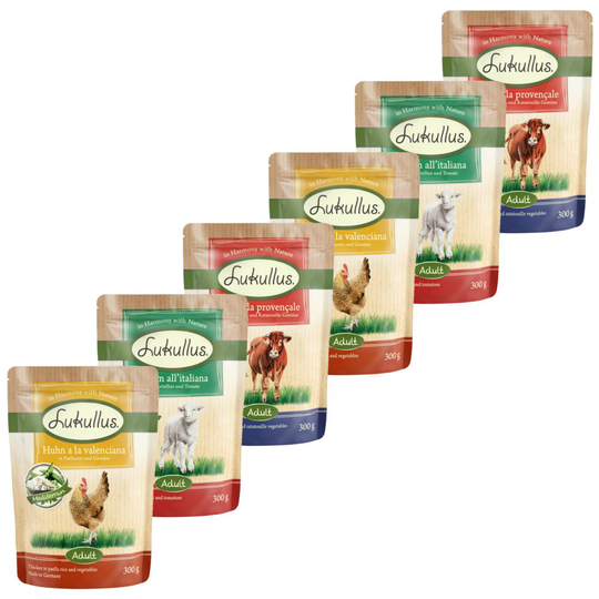 5 + 1 kaupan päälle! 6 x 300 g Lukullus-tuorepussit - Mediterranean: kana/riisi/vihannekset, nauta/peruna/vihannekset, lammas/tortellini