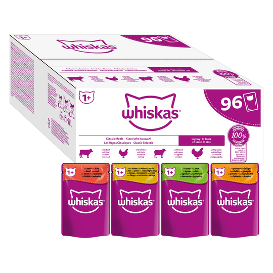 Jumbopakkaus: Whiskas 1+ Adult Pouches 96 x 85 g - perinteinen kastikevalikoima
