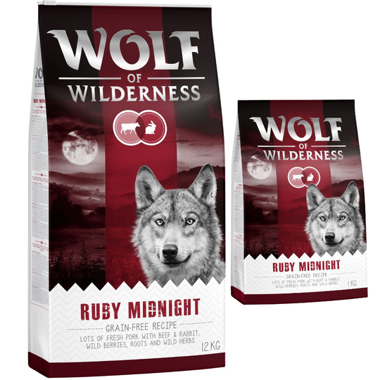 12 + 2 kg kaupan päälle! 14 kg Wolf of Wilderness -koiranruokaa - Ruby Midnight - nauta & kani
