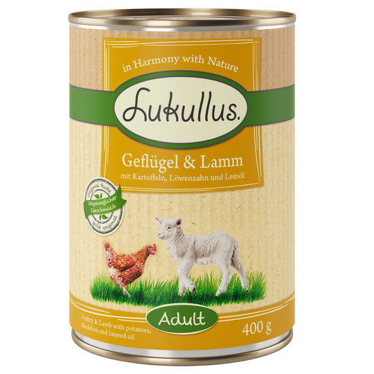 Lukullus-säästöpakkaus 24 x 400 g - siipikarja ja lammas