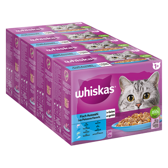 Säästöpakkaus: Whiskas 1+ Adult Pouches 48 x 85 g - kalavalikoima hyytelössä