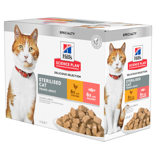 Hill's Science Plan Young Adult Sterilised - 12 x 85 g lajitelma: Chicken & Salmon