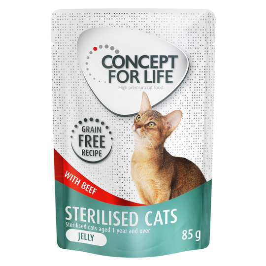 12 x 85 g Concept for Life viljaton erikoishintaan! - Sterilised Cats nauta - hyytelössä