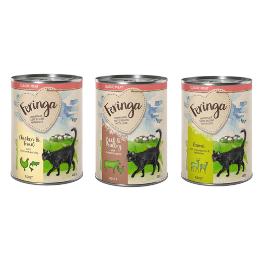 Kokeilulajitelmat Feringa Classic Meat 6 x 400 g - lajitelma 3: riista, nauta & siipikarja, kana & taimen