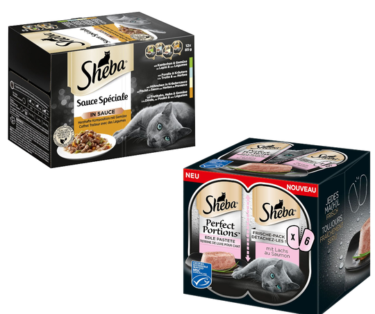 48 x 85 g Sheba-rasiat + 48 x 37,5 g Perfect Portions -lohiruokaa erikoishintaan! - Sauce Speciale