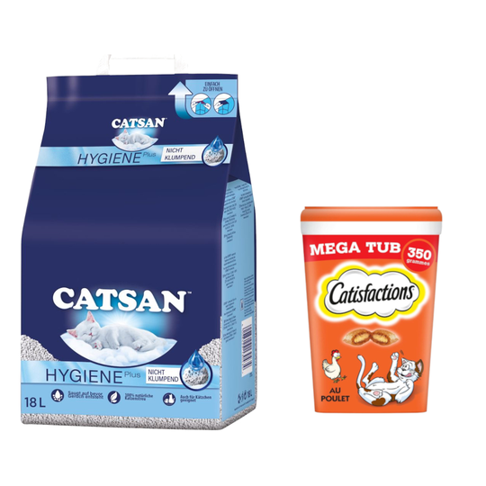 18 l Catsan-kissanhiekkaa + 2 x 350 g Dreamies-kissanherkkuja erikoishintaan! - Hygiene plus -kissanhiekka + kanaherkut