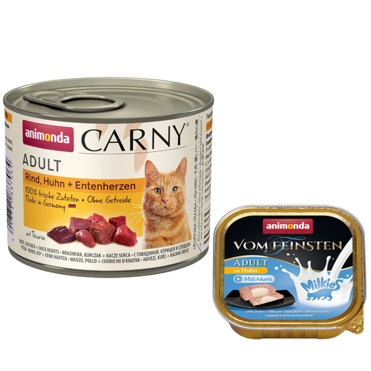 6 x 200 g Animonda Carny Adult + 4 x 15 g Milkies Snack kaupan päälle! - nauta, kana & ankansydän
