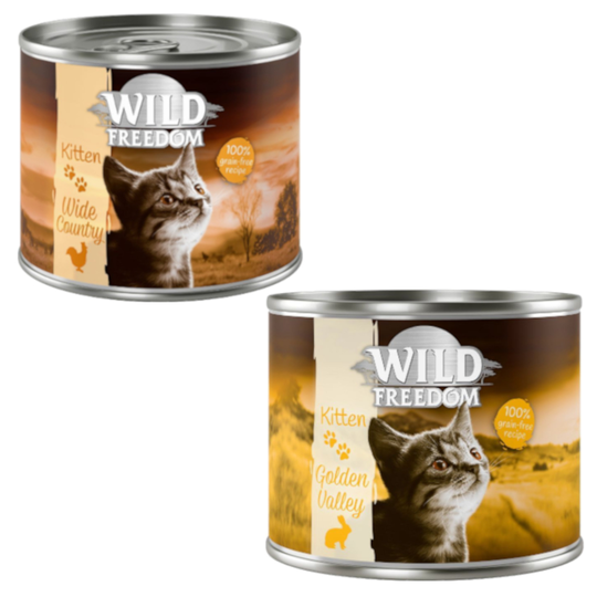 5 + 1 kaupan päälle! Wild Freedom 6 x 200 g - Kitten lajitelma 6 x 200 g (3 x Wide Country vasikka & kana, 3 x Golden Valley kani & kana)
