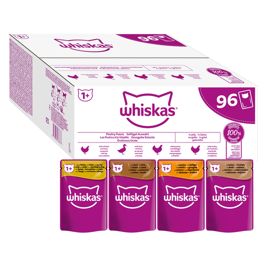 Jumbopakkaus: Whiskas 1+ Adult Pouches 96 x 85 g - siipikarjavalikoima hyytelössä