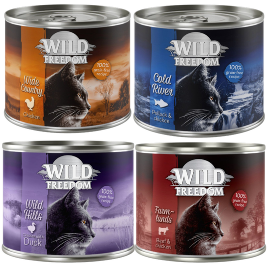 5 + 1 kaupan päälle! Wild Freedom 6 x 200 g - Adult lajitelma 6 x 200 g (2 x kana, lohi, nauta, ankka)