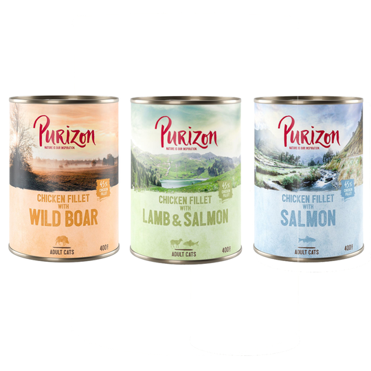 10 + 2 kaupan päälle ! 12 x 200 g/ 400 g Purizon Adult - mix (4 x 400 g villisika, 4 x 400 g lohi, 4 x 400 g lammas)