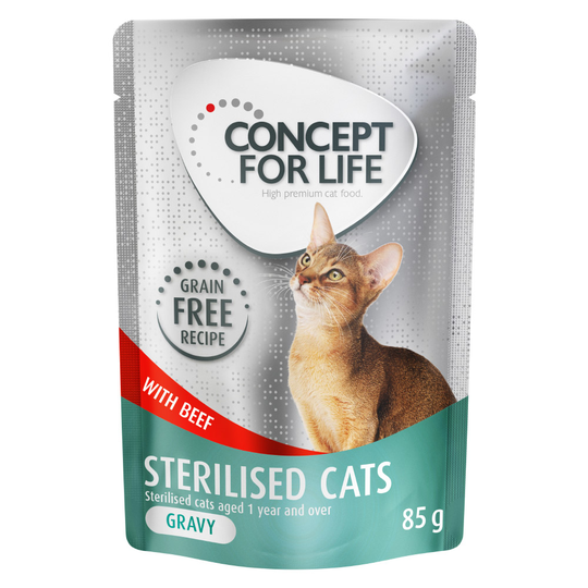 12 x 85 g Concept for Life viljaton erikoishintaan! - Sterilised Cats nauta - kastikkeessa