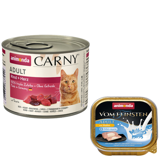 6 x 200 g Animonda Carny Adult + 4 x 15 g Milkies Snack kaupan päälle! - nauta & sydän