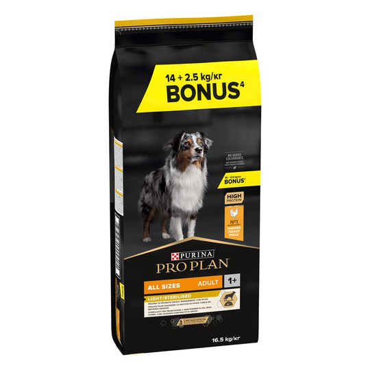 2 kg / 2,5 kg kaupan päälle! 14 kg / 16,5 kg PURINA PRO PLAN - All Size Adult Light/Sterilised Chicken & Rice OPTIWEIGHT (16,5 kg)