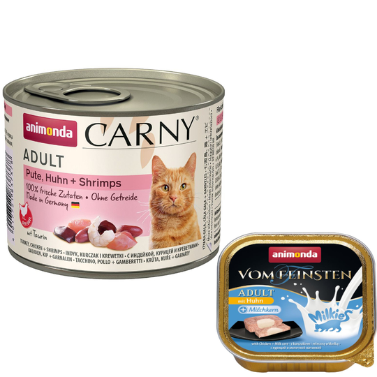 6 x 200 g Animonda Carny Adult + 4 x 15 g Milkies Snack kaupan päälle! - kalkkuna, kana & katkarapu