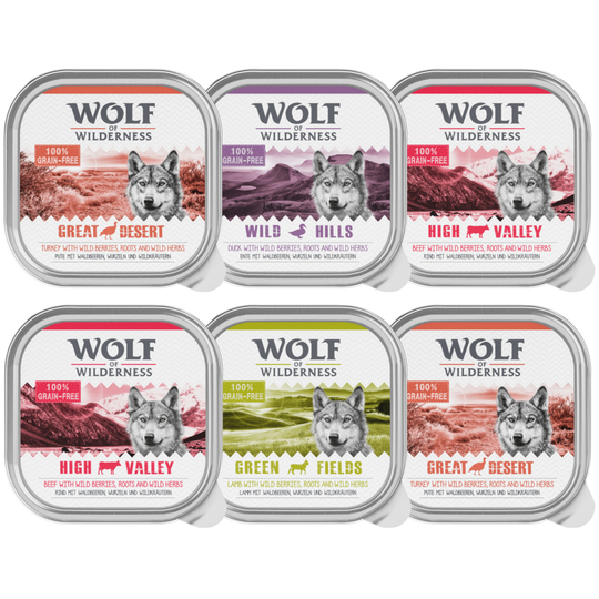 Wolf of Wilderness Adult -lajitelma - 6 x 300 g rasiat: nauta, kalkkuna, lammas, ankka