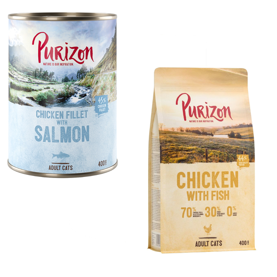 24 x 400 g Purizon Adult + 400 g kuivaruokaa kaupan päälle! - kanafilee & lohi + Chicken & Fish