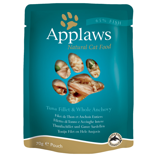 Applaws Pouch in Broth -kissanruoka 12 x 70 g - tonnikalafileet & anjovis