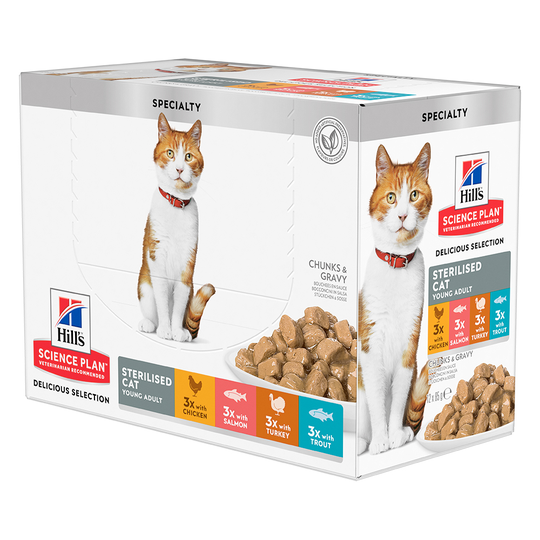 Hill's Science Plan Young Adult Sterilised - 12 x 85 g lajitelma: Chicken, Salmon, Turkey & Trout