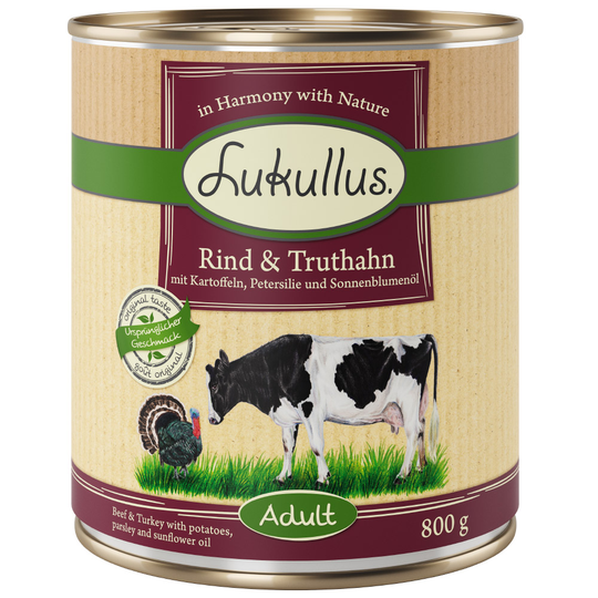 Lukullus-säästöpakkaus 24 x 800 g - nauta ja kalkkuna (viljaton)