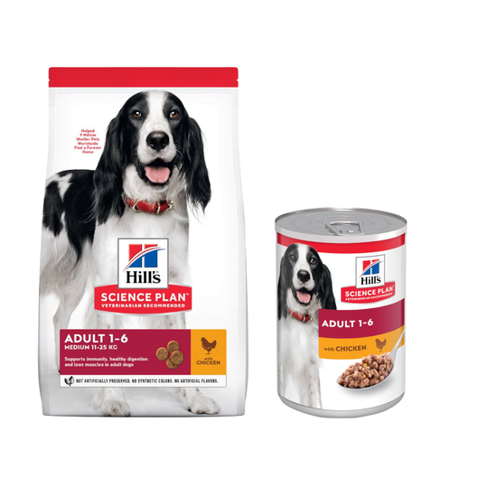 Hill's Science Plan -kuivaruoka + 6 x 370 g märkäruokaa kaupan päälle! - 14 kg Adult Medium Chicken + 6 x 370 g Adult kana