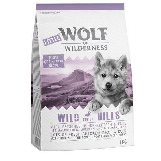 2 x 1 kg Wolf of Wilderness -kuivaruokaa erikoishintaan! - JUNIOR Wild Hills - ankka