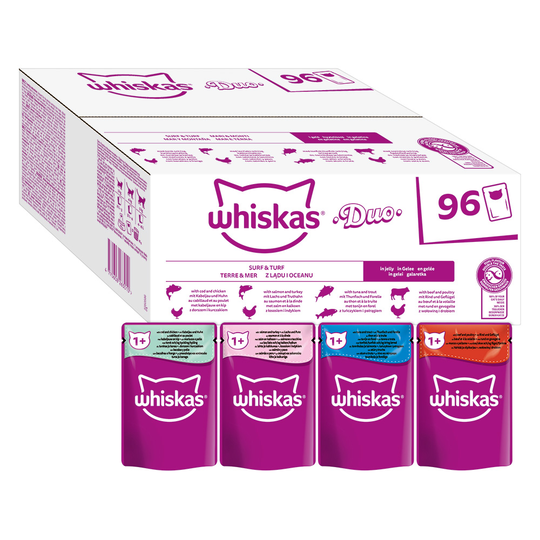 Jumbopakkaus: WHISKAS DUO -annospussit 96 x 85 g - Surf & Turf in Jelly