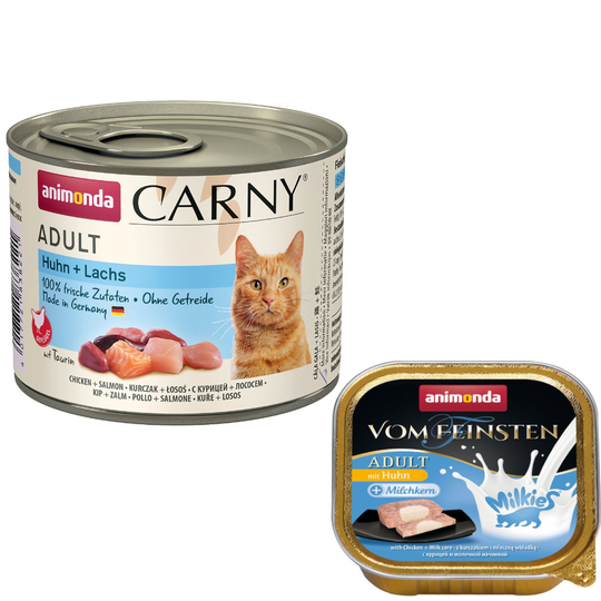6 x 200 g Animonda Carny Adult + 4 x 15 g Milkies Snack kaupan päälle! - kana & lohi