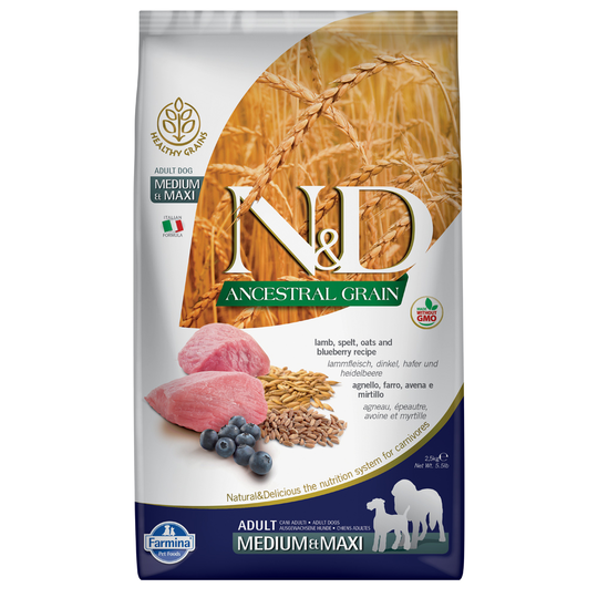 Farmina N&D Ancestral Grain Adult Medium & Maxi Lamb & Blueberries - säästöpakkaus: 2 x 12 kg