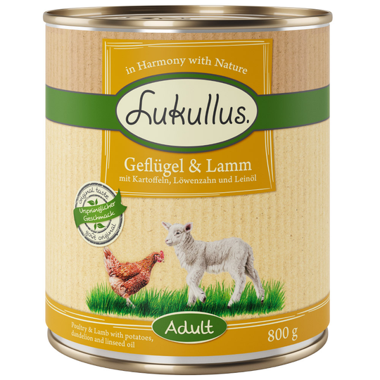 Lukullus-säästöpakkaus 24 x 800 g - siipikarja ja lammas (viljaton)
