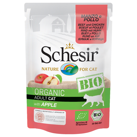 Schesir Organic Pouch 6 x 85 g - luomunauta, luomukana ja luomuomena