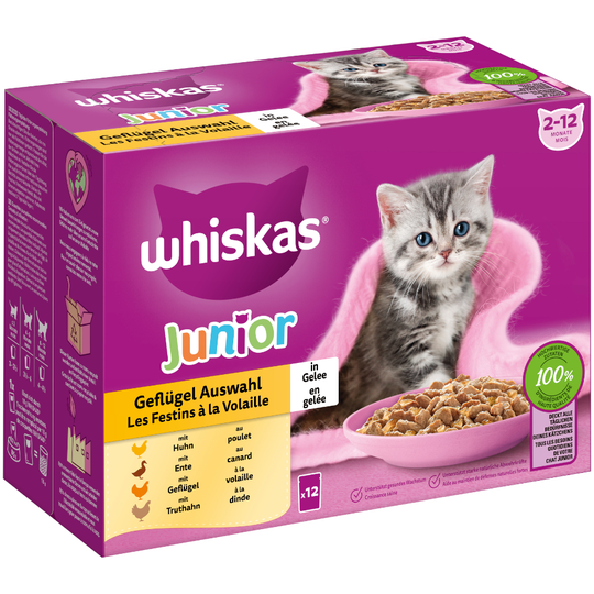 Whiskas Junior Pouches -lajitelma 12 x 85 g - siipikarjavalikoima hyytelössä