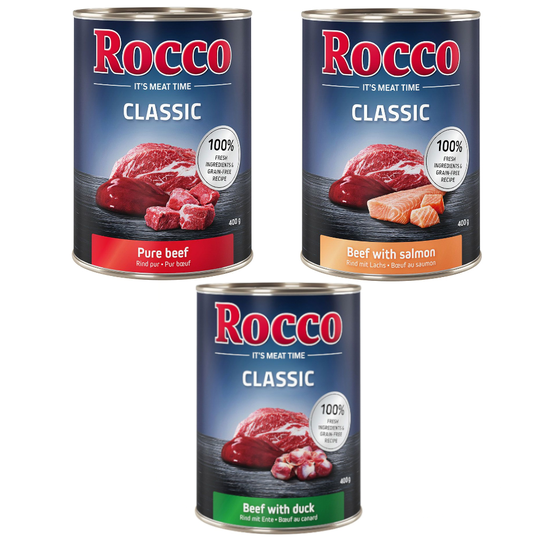 Rocco Classic -kokeilusekoitus 6 x 400 g - erikoissekoitus: nauta, nauta/lohi, nauta/ankka