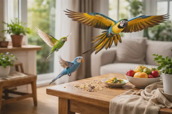 papukaijat ja undulaatit vapaana kotona